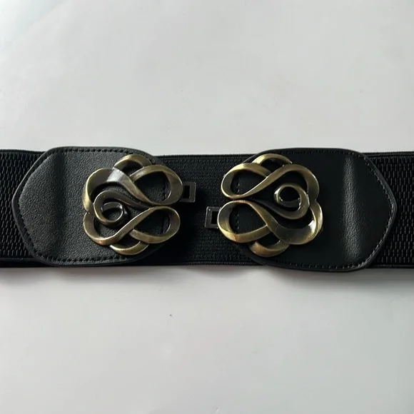 Wide Black Stretch Front Clip Belt Brushed Gold Accent Buckle Size Large - Picture 7 of 12
